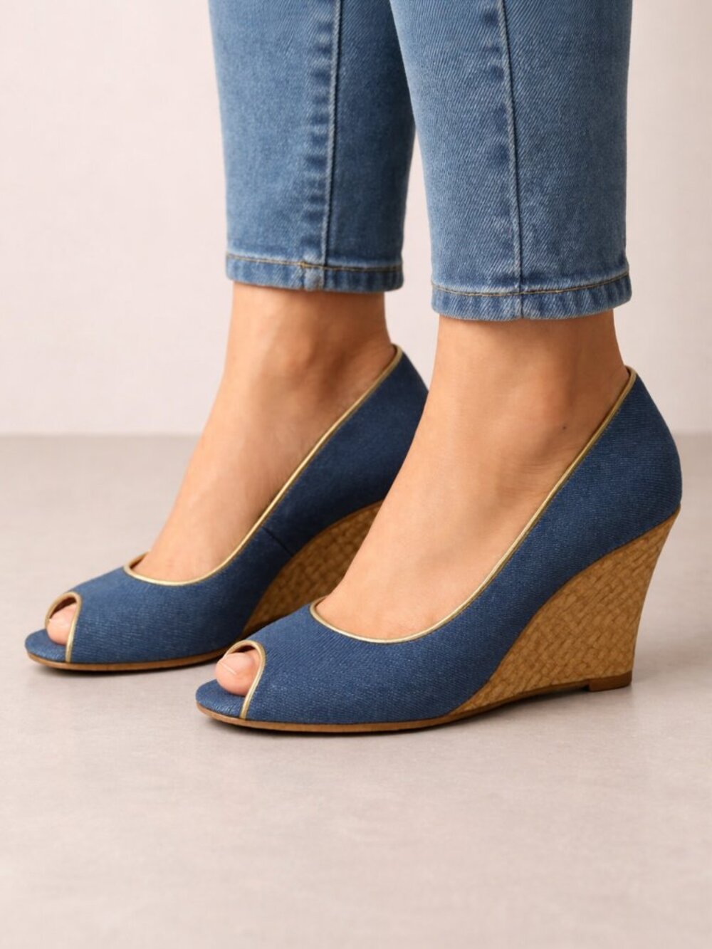 A J Valenci Peep Toe Denim Wedge Pumps Blue Gold Trim Size 9W – EUC